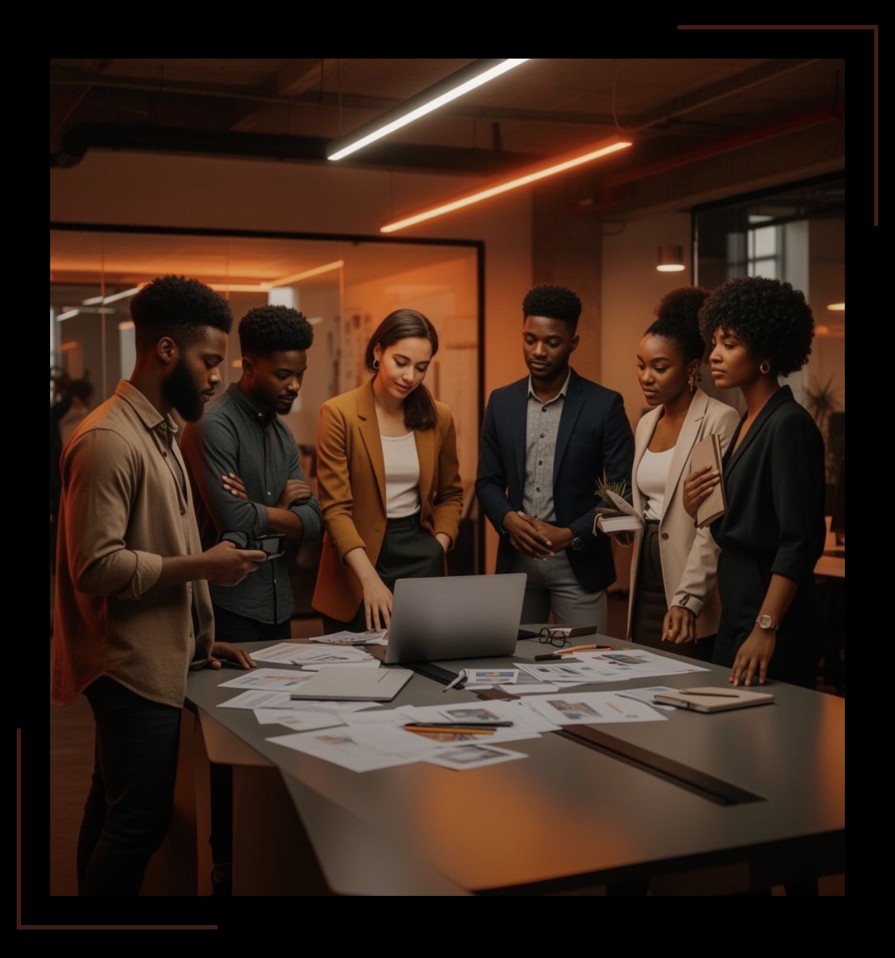 Members of The Hundred huddled around a workspace — operators, founders and capital working a deal together.
