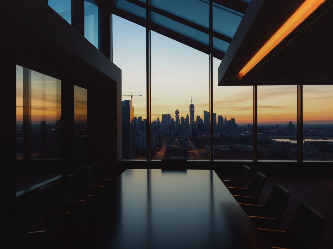 A private boardroom overlooking a city skyline — the table is set and a seat is open for the next operator we back.